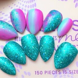 Glittery Teal and Pink Custom Made Press-On Nails